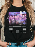 Women'WB shield Letter & City Night View Print Round Neck Graphic Tee, Vintage Trendy Casual Short Sleeve T-shirt for...