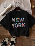 Women'WB shield Letter & City Print Round Neck Tee, Stylish Short Sleeve T-Shirt for Daily Wear, Ladies Spiky hair...