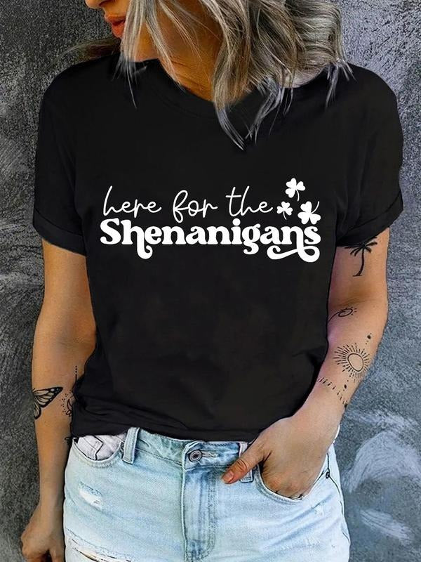 Women'WB shield Letter & Clover Print Round Neck Graphic Tee, Vintage Trendy Casual Drop Shoulder Short Sleeve T-shirt...