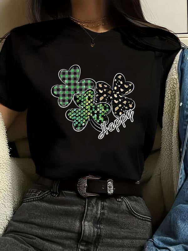 Women'WB shield Letter & Clover Print Round Neck Tee, Casual Short Sleeve Crew Neck T-shirt for Daily Wear, Ladies TNF...
