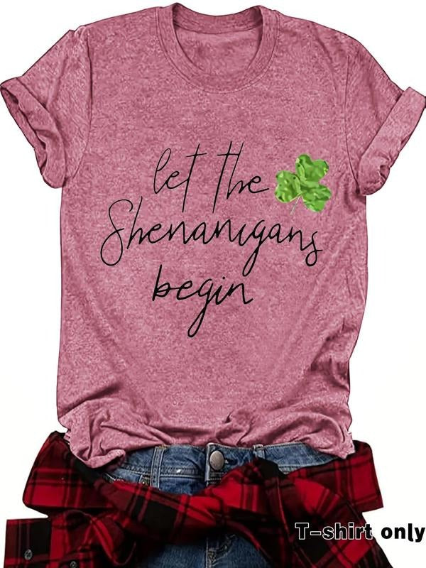 Women'WB shield Letter & Clover Print Round Neck Tee, Casual Short Sleeve Crew Neck T-shirt for Summer, Fashion Women'WB...