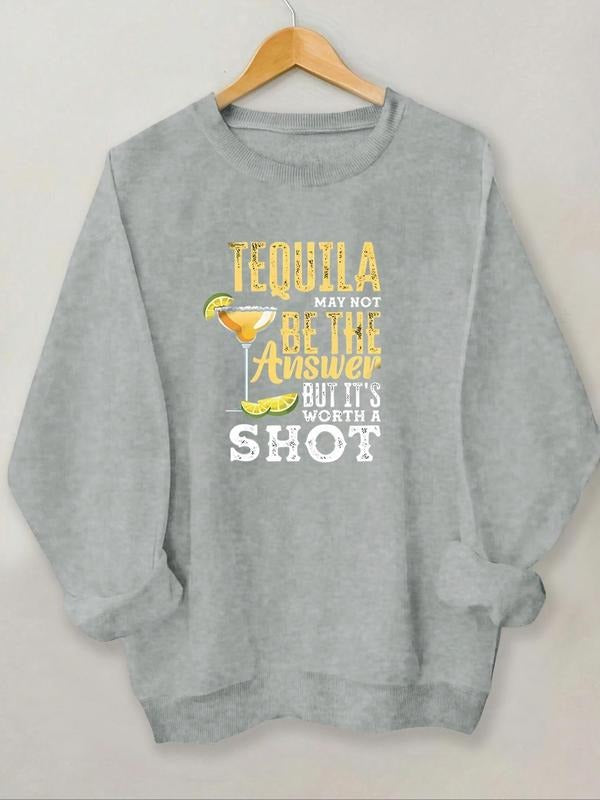 Women'WB shield Letter & Cocktail Print Drop Shoulder Sweatshirt, Casual Crew Neck Long Sleeve Pullover for Daily Wear,...