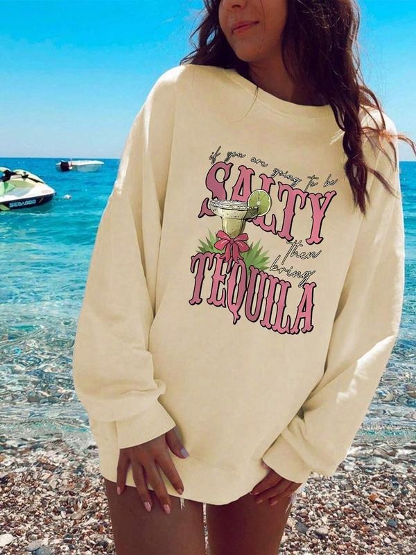 Women'WB shield Letter & Cocktail Print Drop Shoulder Sweatshirt, Casual Long Sleeve Round Neck Pullover for Fall &...