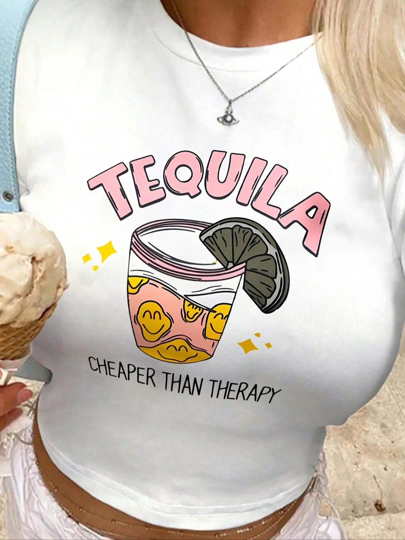 Women'WB shield Letter & Cocktail Print Round Neck Crop Tee, Casual Short Sleeve T-shirt for Summer, Ladies TNF for Daily...