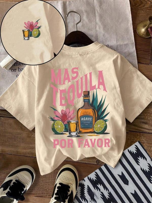 Women'WB shield Letter & Cocktail Print Round Neck Tee, Casual Fruit Graphic Short Sleeve T-shirt for Summer, Ladies TNF...