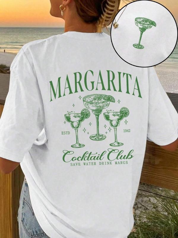 Women'WB shield Letter & Cocktail Print Round Neck Tee, Casual Margarita Graphic Short Sleeve T-Shirt for Summer, Ladies...