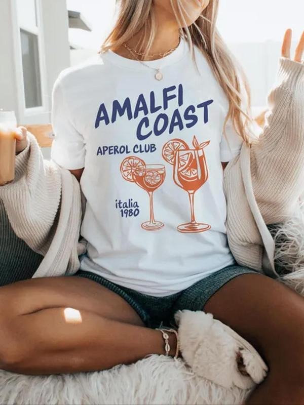 Women'WB shield Letter & Cocktail Print Round Neck Tee, Casual Short Sleeve T-shirt for Summer, Ladies TNF for Daily...