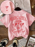 Women'WB shield Letter & Cocktail Print Round Neck Tee, Casual Slogan Graphic Short Sleeve T-shirt for Summer, Ladies TNF...