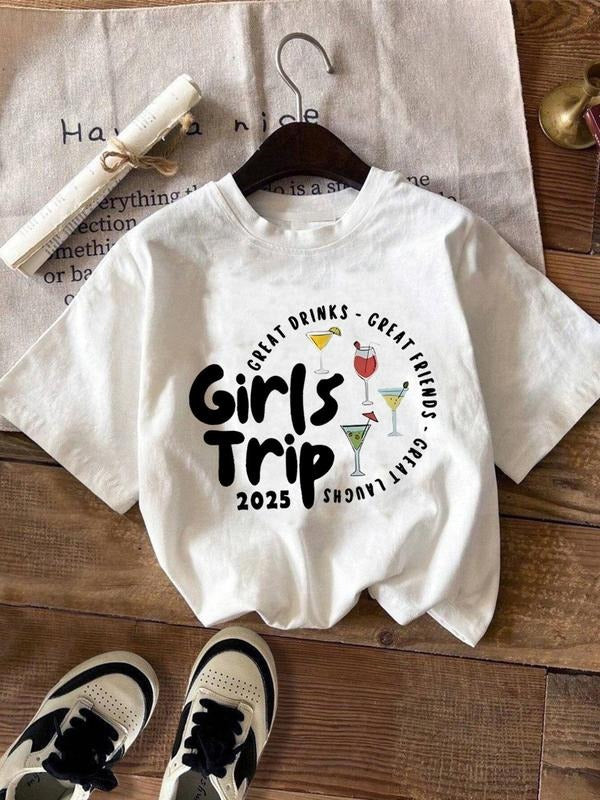 Women'WB shield Letter & Cocktail Print Round Neck Tee, Fashion Casual Crew Neck T-shirt for Daily Holiday Vacation...
