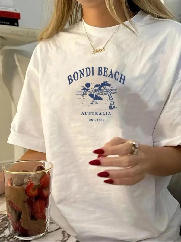 Women'WB shield Letter & Coconut Tree Print Round Neck Tee, Casual Fashion T-shirt for Daily Holiday Vacation Outdoor...