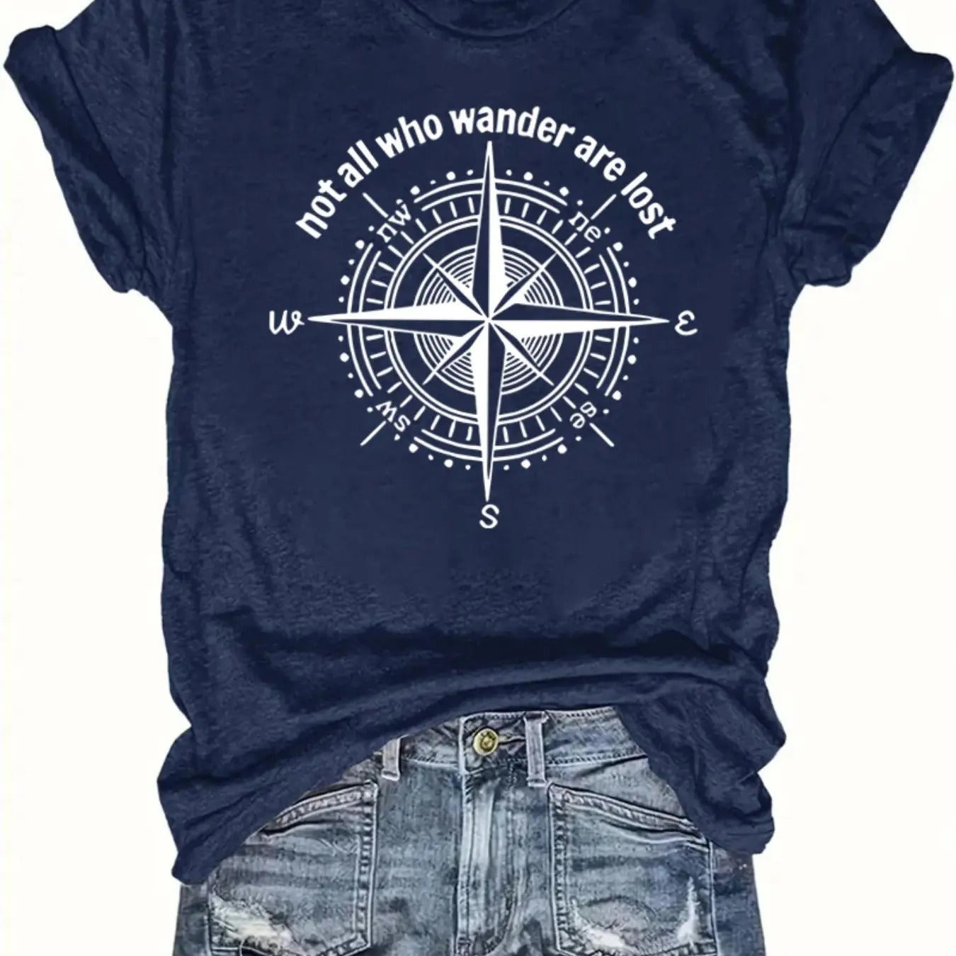 Women'WB shield Letter & Compass Print Round Neck Tee, Casual Short Sleeve Crew Neck T-Shirt for Summer, Fashion Women'WB...