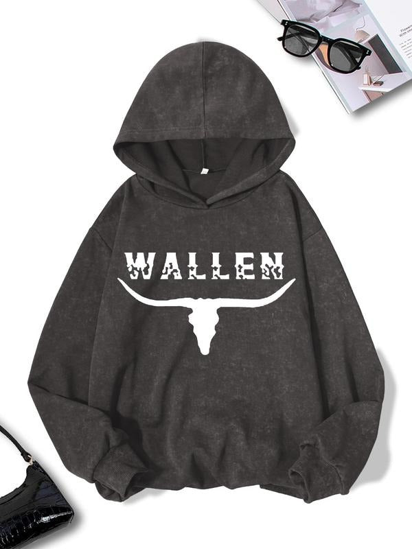 Women'WB shield Letter & Cow Head Print Drop Shoulder Hoodie, Fashion Casual Hooded Sweatshirt for Daily Holiday Outdoor...