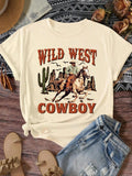 Women'WB shield Letter & Cowboy Print Round Neck Tee, Vintage Trendy Casual Short Sleeve Crew Neck T-Shirt for Daily...