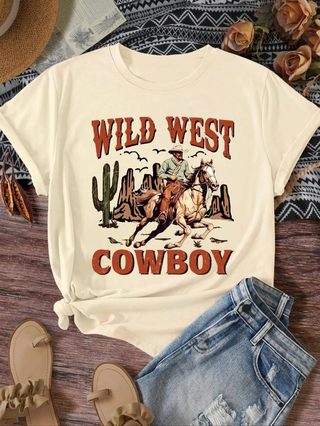 Women'WB shield Letter & Cowboy Print Round Neck Tee, Vintage Trendy Casual Short Sleeve Crew Neck T-Shirt for Daily...