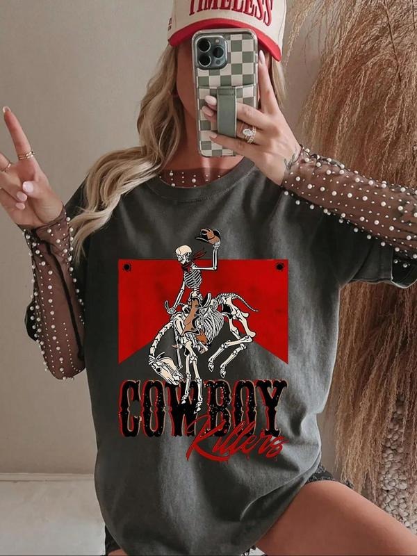 Women'WB shield Letter & Cowboy Print Round Neck Tee, Vintage Trendy Casual Short Sleeve T-shirt for Daily Wear, Ladies...