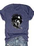 Women'WB shield Letter & Cowgirl Print Round Neck Tee, Casual Short Sleeve T-shirt for Daily Wear, Ladies Spiky hair...