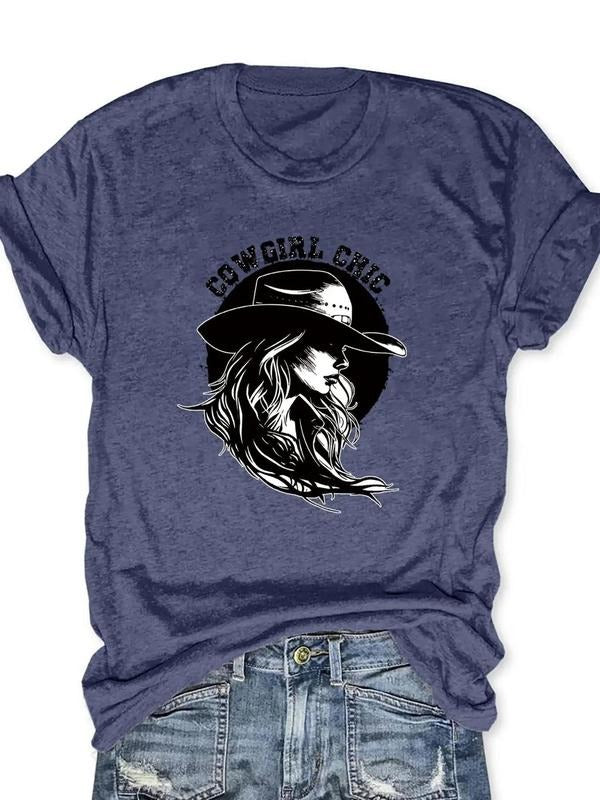 Women'WB shield Letter & Cowgirl Print Round Neck Tee, Casual Short Sleeve T-shirt for Daily Wear, Ladies Spiky hair...