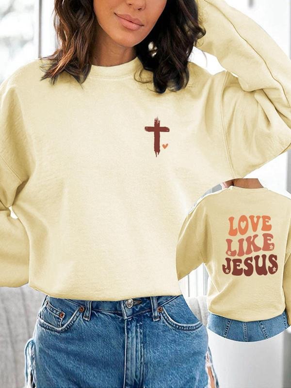 Women'WB shield Letter & Cross Print Crew Neck Sweatshirt, Casual Long Sleeve Pullover for Fall & Winter, Ladies TNF for...