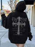 Women'WB shield Letter & Cross Print Drop Shoulder Hoodie, Fashion Casual Drawstring Pocket Hooded Sweatshirt for Daily...