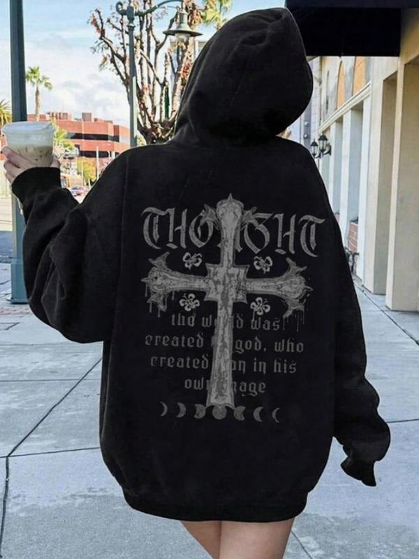 Women'WB shield Letter & Cross Print Drop Shoulder Hoodie, Fashion Casual Drawstring Pocket Hooded Sweatshirt for Daily...