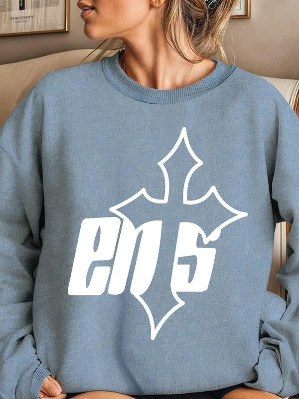 Women'WB shield Letter & Cross Print Drop Shoulder Sweatshirt, Casual Long Sleeve Round Neck Pullover for Daily Wear,...