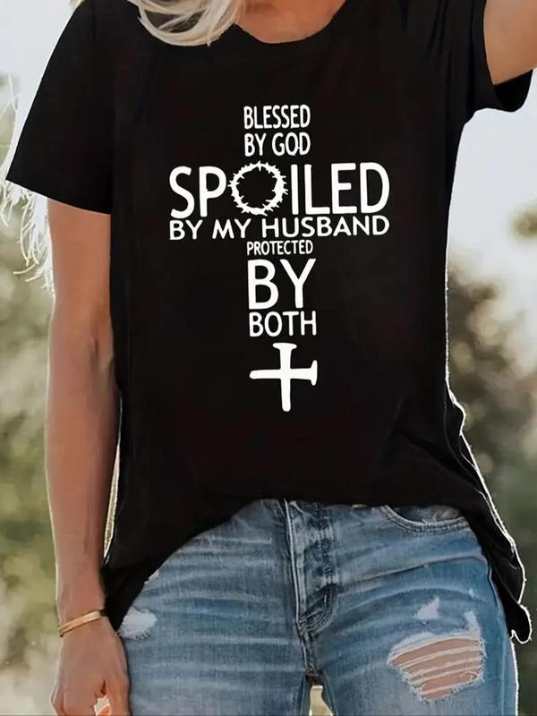 Women'WB shield Letter & Cross Print Round Neck Tee, Casual Short Sleeve Crew Neck T-shirt for Summer, Fashion Women'WB...