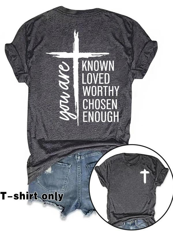 Women'WB shield Letter & Cross Print Round Neck Tee, Casual Short Sleeve Crew Neck T-shirt for Summer, Fashion Women'WB...