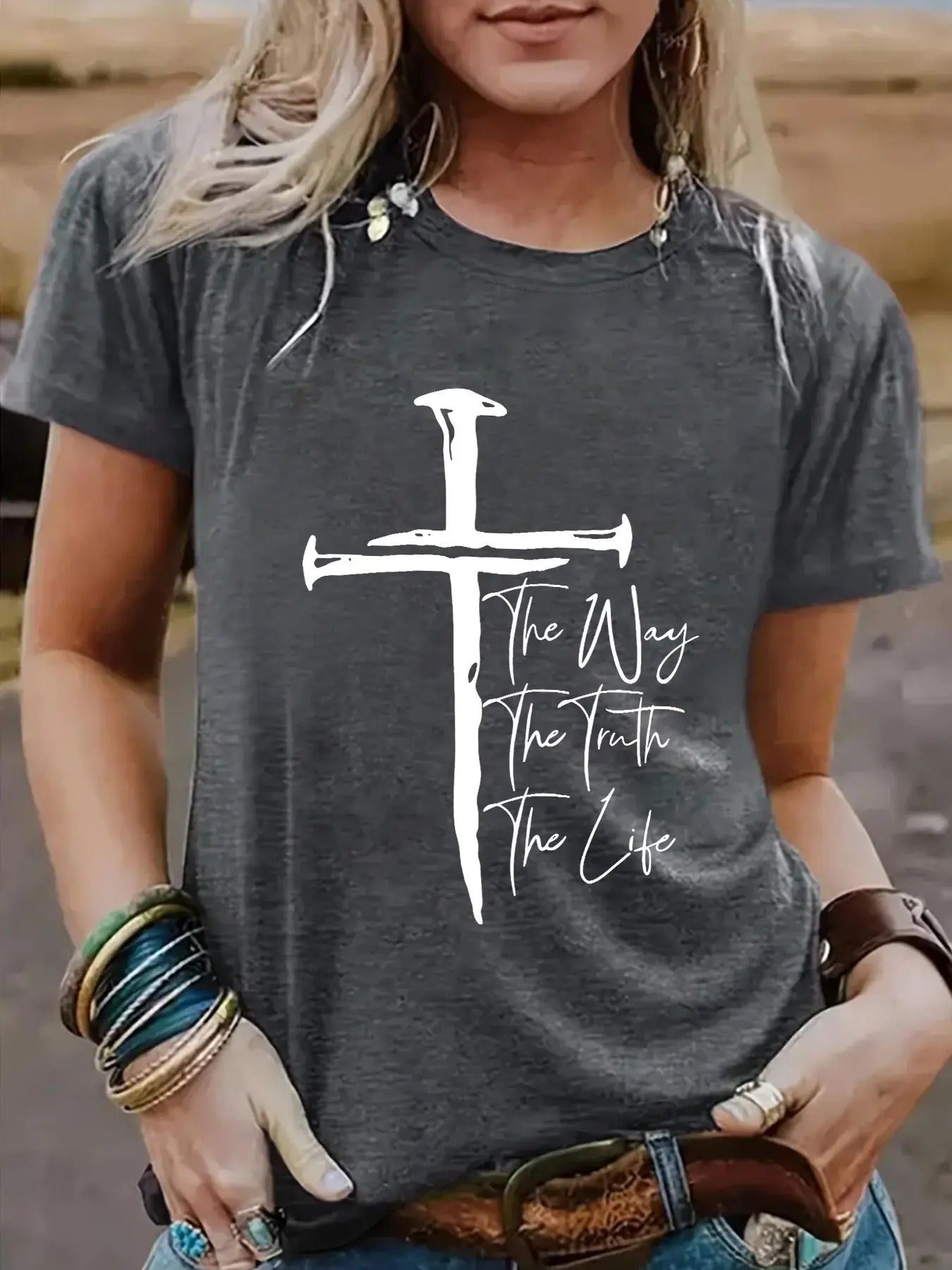 Women'WB shield Letter & Cross Print Round Neck Tee, Casual Short Sleeve Crew Neck T-shirt for Summer, Fashion Women'WB...