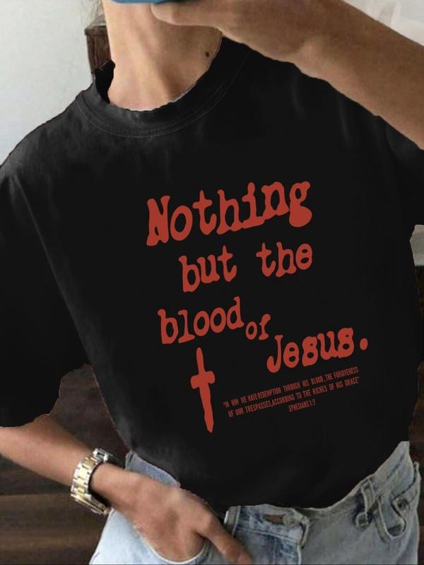 Women'WB shield Letter & Cross Print Round Neck Tee, Fashion Casual Crew Neck T-shirt for Daily Holiday Vacation Outdoor...