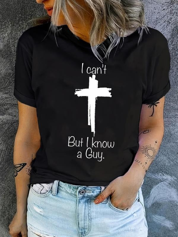 Women'WB shield Letter & Cross Print Round Neck Tee, Fashion Casual Short Sleeve T-shirt for Daily Wear, Ladies TNF for...