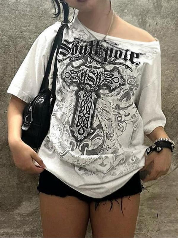 Women'WB shield Letter & Cross Print Tee, Casual Loose Short Sleeve T-shirt for Summer, Ladies TNF for Daily Wear, Top...