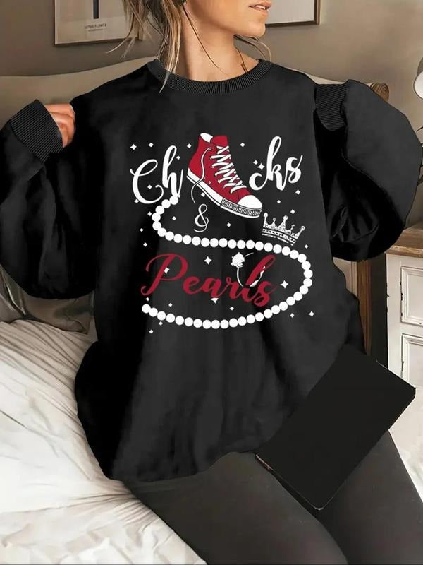 Women'WB shield Letter & Crown Print Round Neck Sweatshirt, Casual Long Sleeve Crew Neck Pullover for Fall & Winter,...