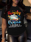 Women'WB shield Letter & Cruise Ship Print Round Neck Tee, Casual Short Sleeve Crew Neck T-shirt for Daily Wear, Ladies...