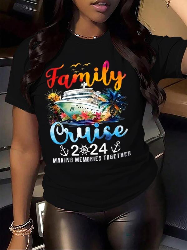 Women'WB shield Letter & Cruise Ship Print Round Neck Tee, Casual Short Sleeve Crew Neck T-shirt for Daily Wear, Ladies...