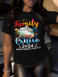 Women'WB shield Letter & Cruise Ship Print Round Neck Tee, Casual Short Sleeve Crew Neck T-shirt for Daily Wear, Ladies...