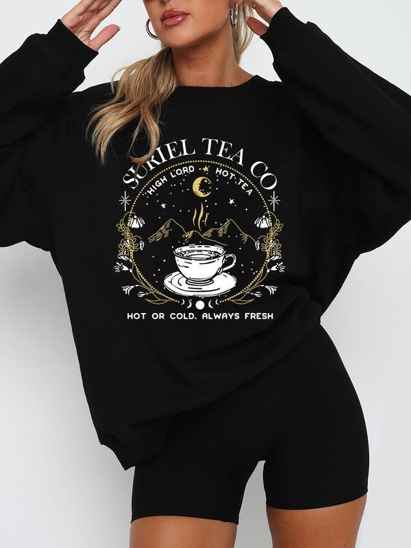 Women'WB shield Letter & Cup Print Drop Shoulder Sweatshirt, Casual Long Sleeve Round Neck Pullover for Fall & Winter,...
