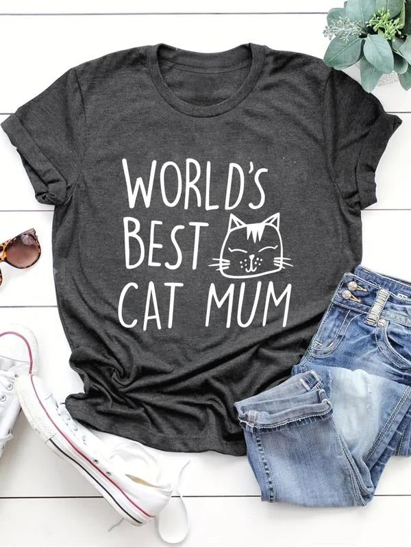 Women'WB shield Letter & Cute Cat Print Round Neck Tee, Fashion Crew Neck T-Shirt for Daily Holiday Vacation Outdoor...