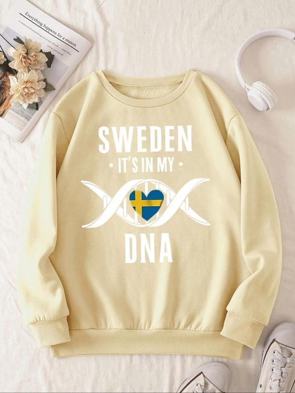 Women'WB shield Letter & DNA Print Drop Shoulder Sweatshirt, Casual Long Sleeve Round Neck Pullover for Fall & Winter,...