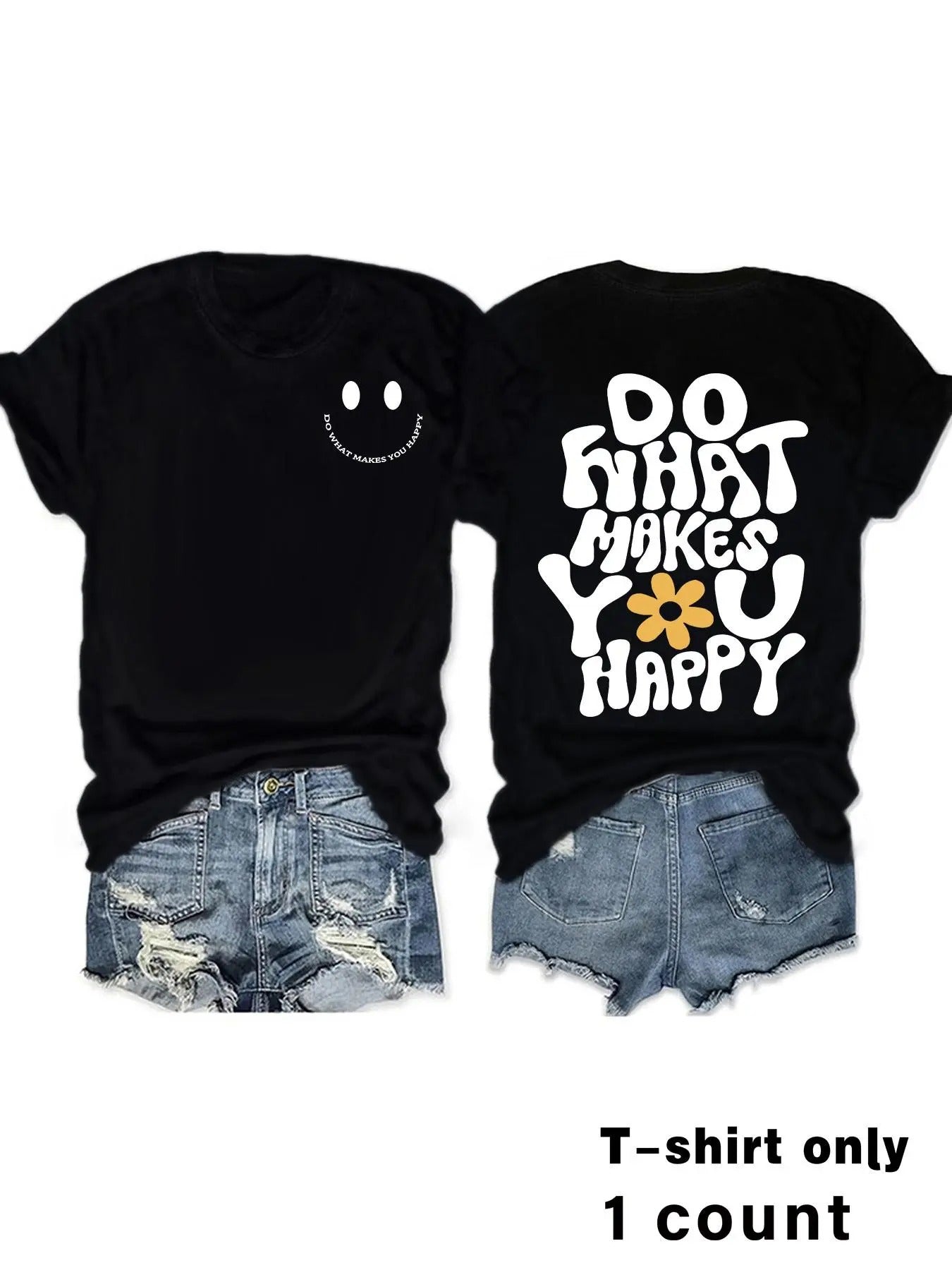 Women'WB shield Letter & Daisy Print Round Neck Tee, Fashion Casual Crew Neck Short Sleeve T-shirt for Daily Holiday...