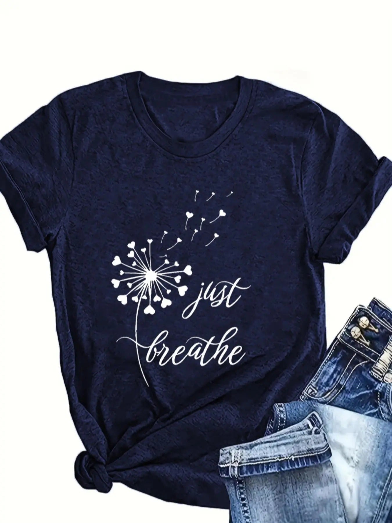 Women'WB shield Letter & Dandelion Print Round Neck Tee, Casual Graphic Short Sleeve T-shirt For Daily Wear, Vintage...