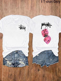 Women'WB shield Letter & Dice Print Round Neck Tee, Fashion Casual Crew Neck T-shirt for Daily Holiday Vacation Outdoor...