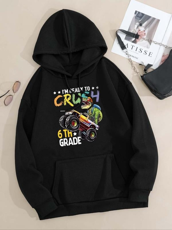 Women'WB shield Letter & Dinosaur Graphic Print Hoodie, Casual Long Sleeve Hooded Sweatshirt for Fall & Winter, Women'WB...