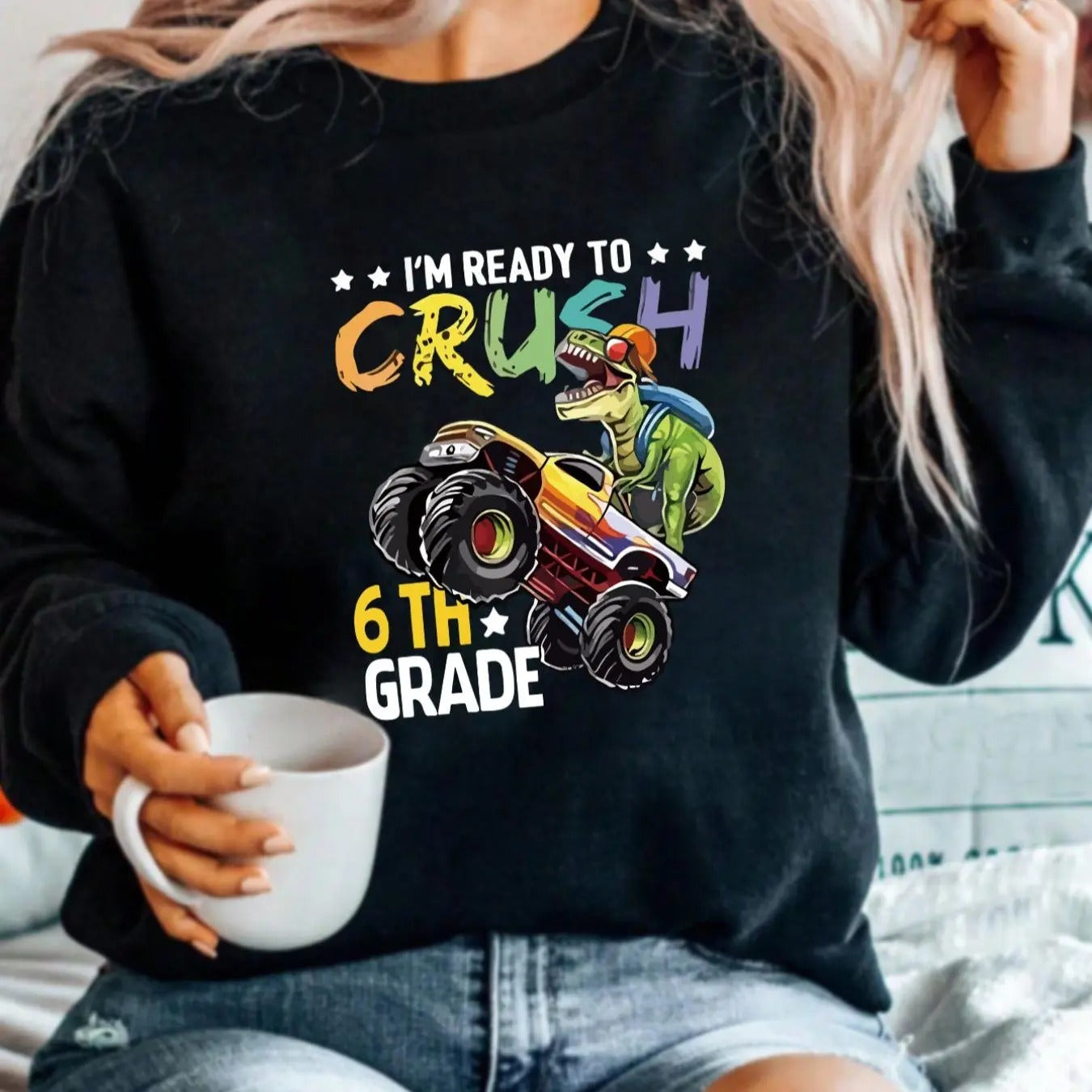 Women'WB shield Letter & Dinosaur Print Drop Shoulder Sweatshirt, Casual Long Sleeve Round Neck Pullover for Fall &...