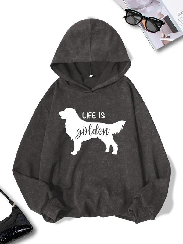 Women'WB shield Letter & Dog Print Hoodie, Casual Drop Shoulder Long Sleeve Hooded Sweatshirt, Ladies Fall & Winter TNF...