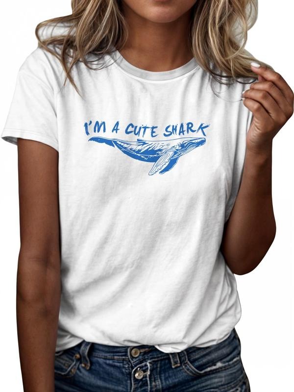 Women'WB shield Letter & Dolphin Print Round Neck Tee, Casual Short Sleeve Crew Neck T-shirt, Women'WB shield Top for...