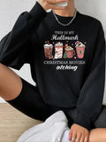 Women'WB shield Letter & Drink Print Drop Shoulder Sweatshirt, 2024 New Style Casual Long Sleeve Round Neck Pullover for...