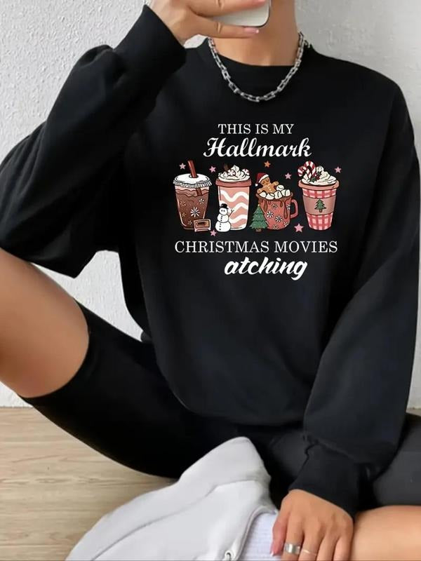 Women'WB shield Letter & Drink Print Drop Shoulder Sweatshirt, 2024 New Style Casual Long Sleeve Round Neck Pullover for...