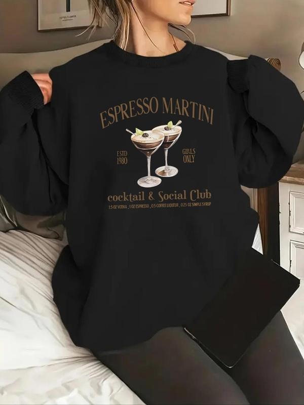 Women'WB shield Letter & Drink Print Drop Shoulder Sweatshirt, Casual Long Sleeve Round Neck Pullover for Fall & Winter,...