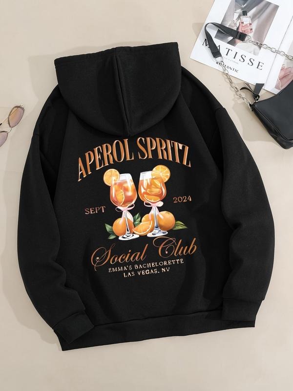Women'WB shield Letter & Drink Print Hoodie, Casual Long Sleeve Hooded Sweatshirt for Fall & Winter, Women'WB shield TNF...