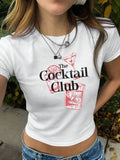 Women'WB shield Letter & Drink Print Round Neck Crop Tee, Casual Short Sleeve Crew Neck T-shirt for Daily Holiday Outdoor...